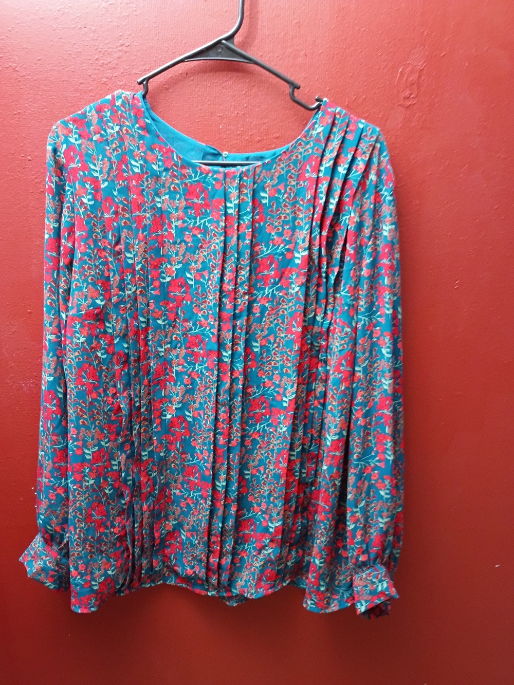 Women's Floral Pleated Blouse - Teal & Red